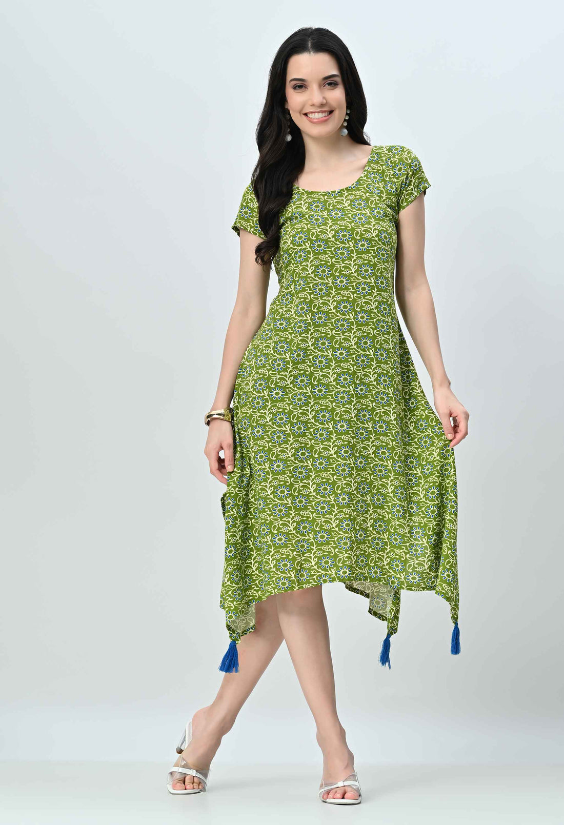 Green Floral Half Sleeve Dress for Women