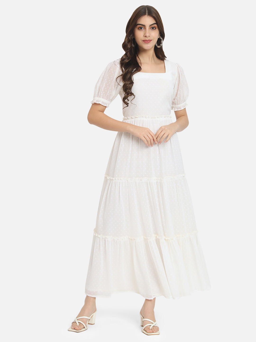 Cream Swiss Dot Half Sleeve Ankle Length Dress for Women