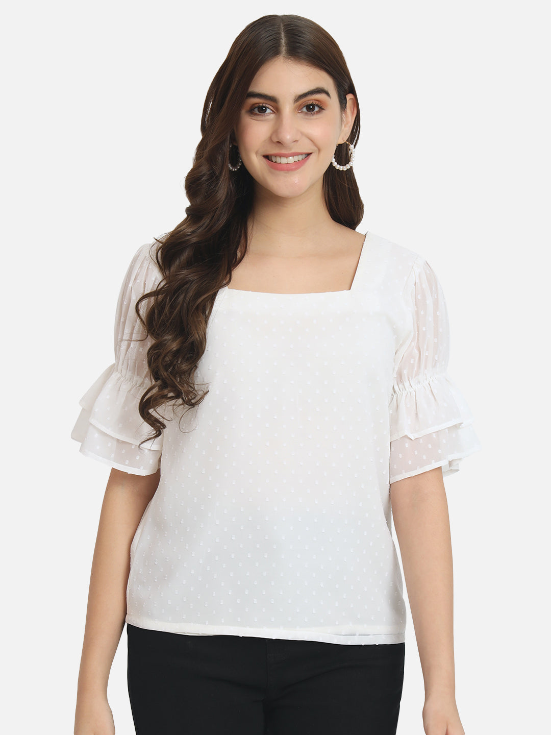 Cream Swiss Dot Square Neck Top for Women