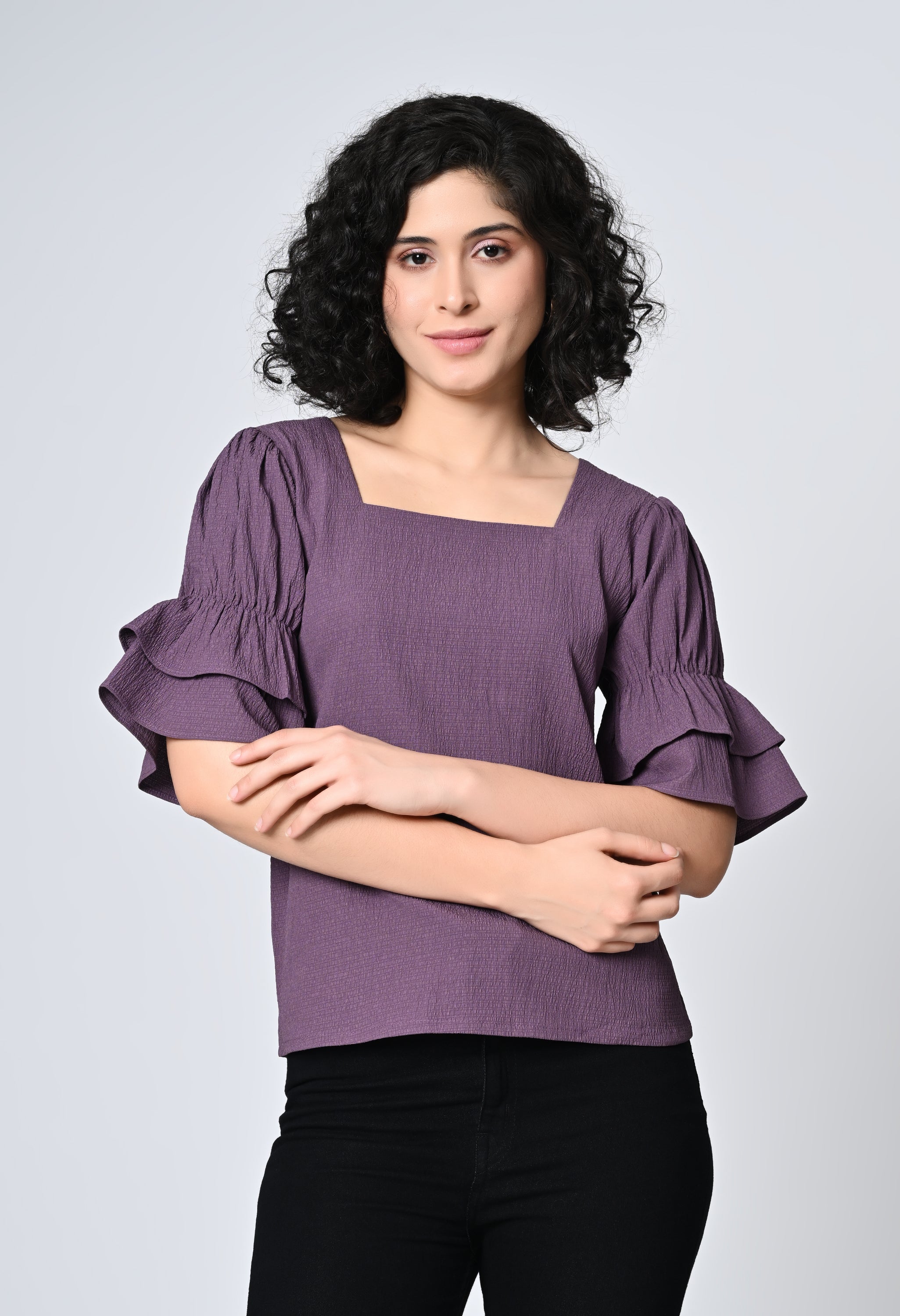 Purple Solid Half Bell Sleeve Top for Women