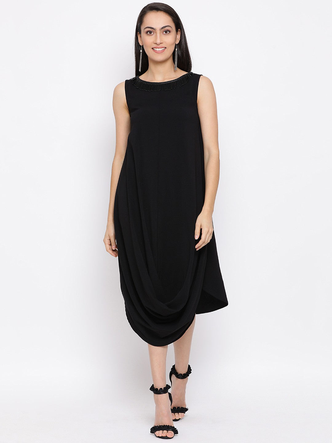 Solid Black Sleeveless Shift Dress for Women