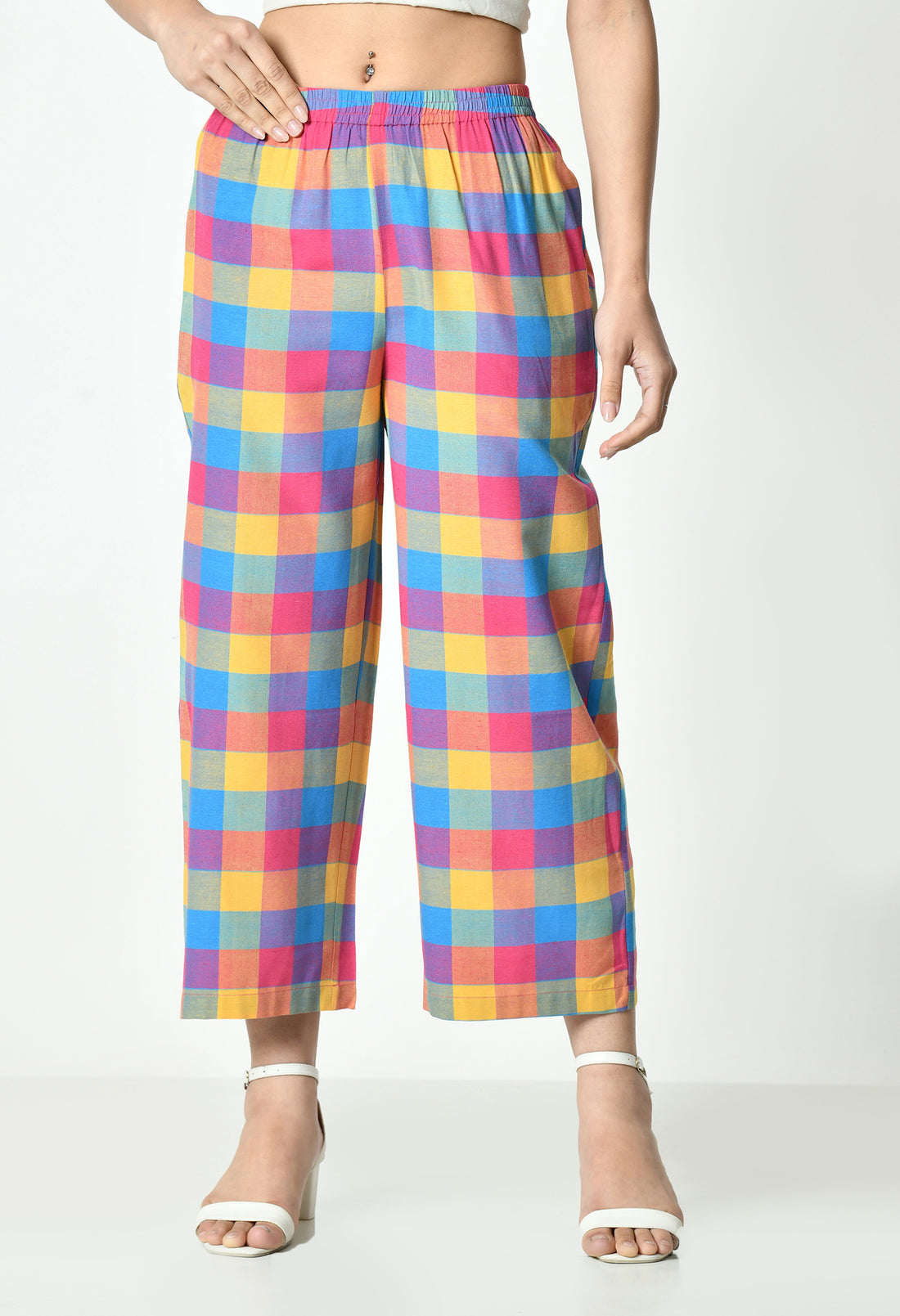 Multicolor Checks Straight Palazzo for Women With Pocket