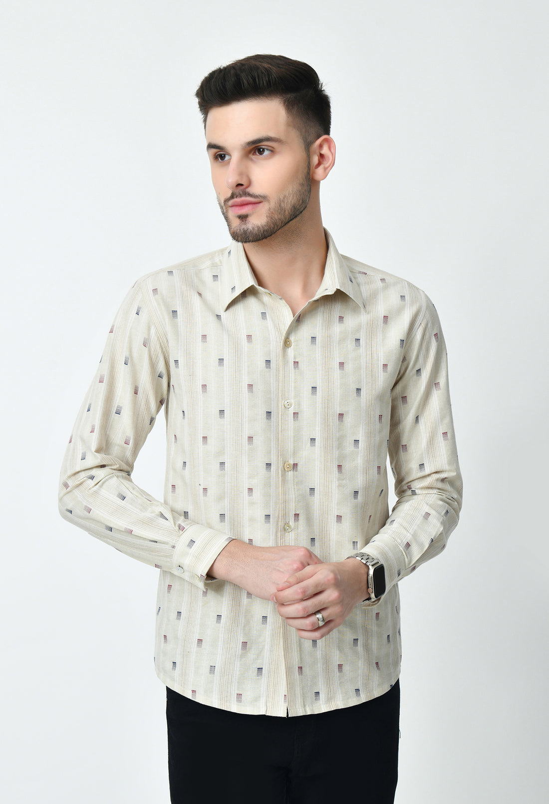 Beige Printed Full Cuff Sleeve Cotton Blend Shirt for Men