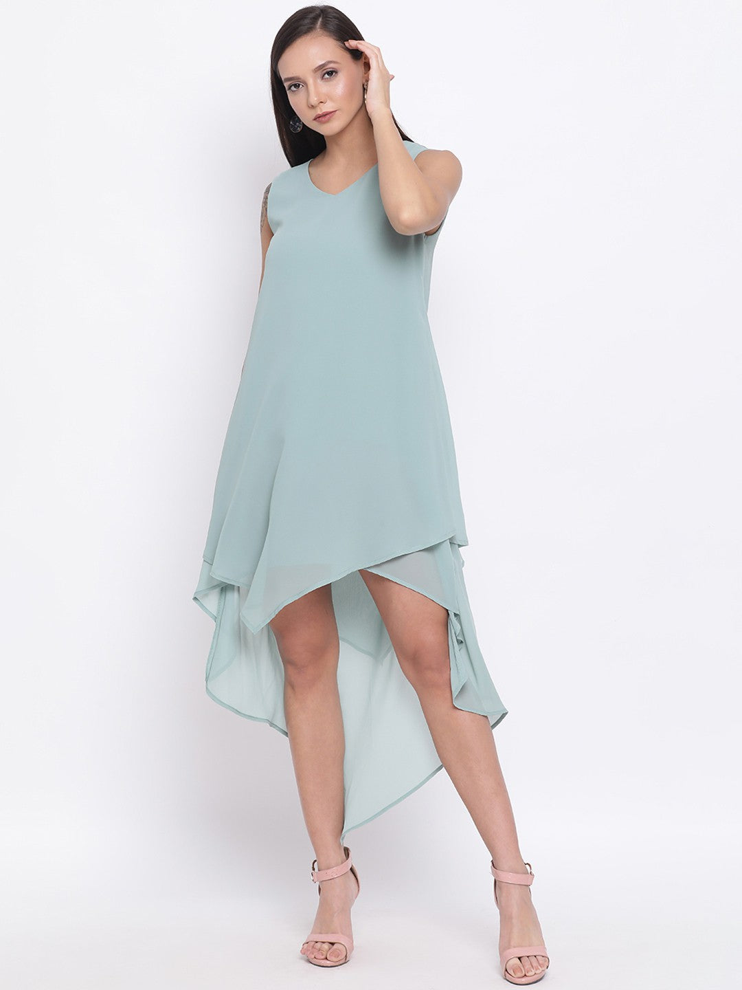 Solid Light Green Sleeveless Dress for Women