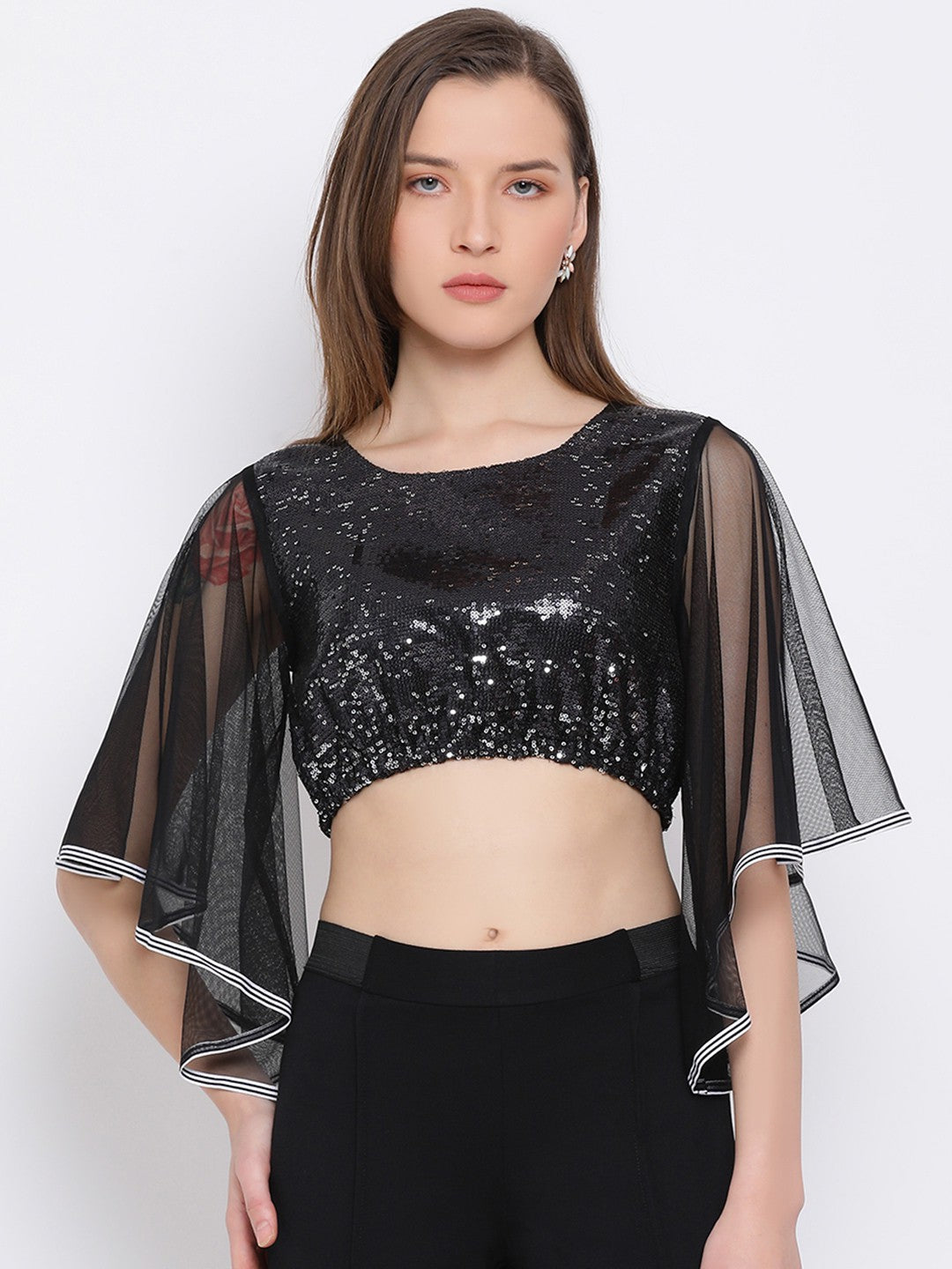 Black Embellished Net Sleeve Crop Top for Women