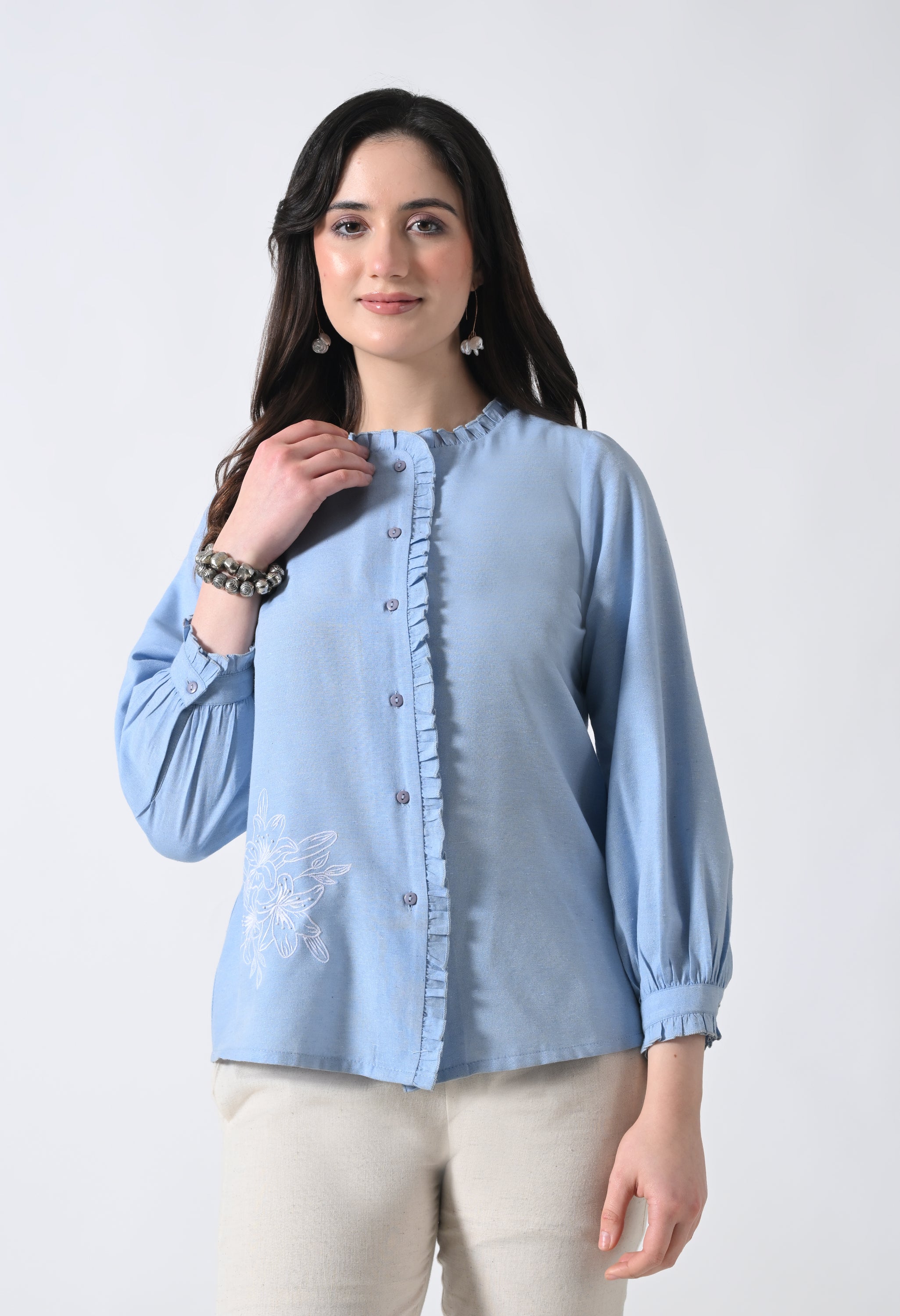 Light Blue Embroidered Shirt Style Top for Women
