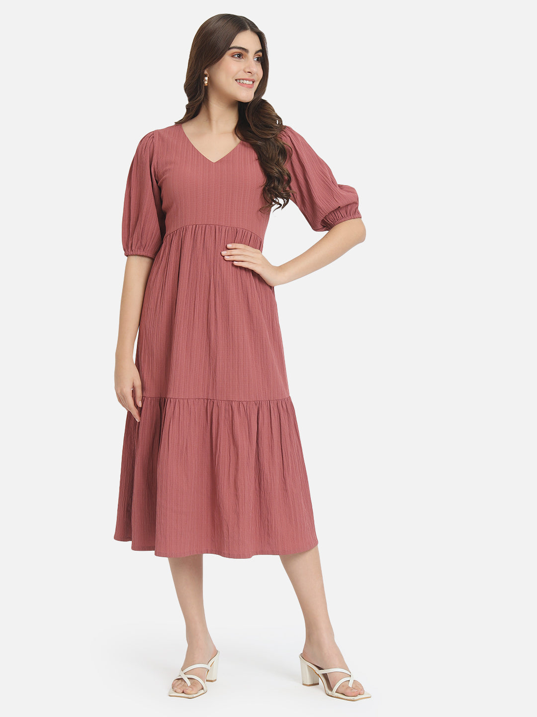 Solid Pink V-Neck Dress for Women