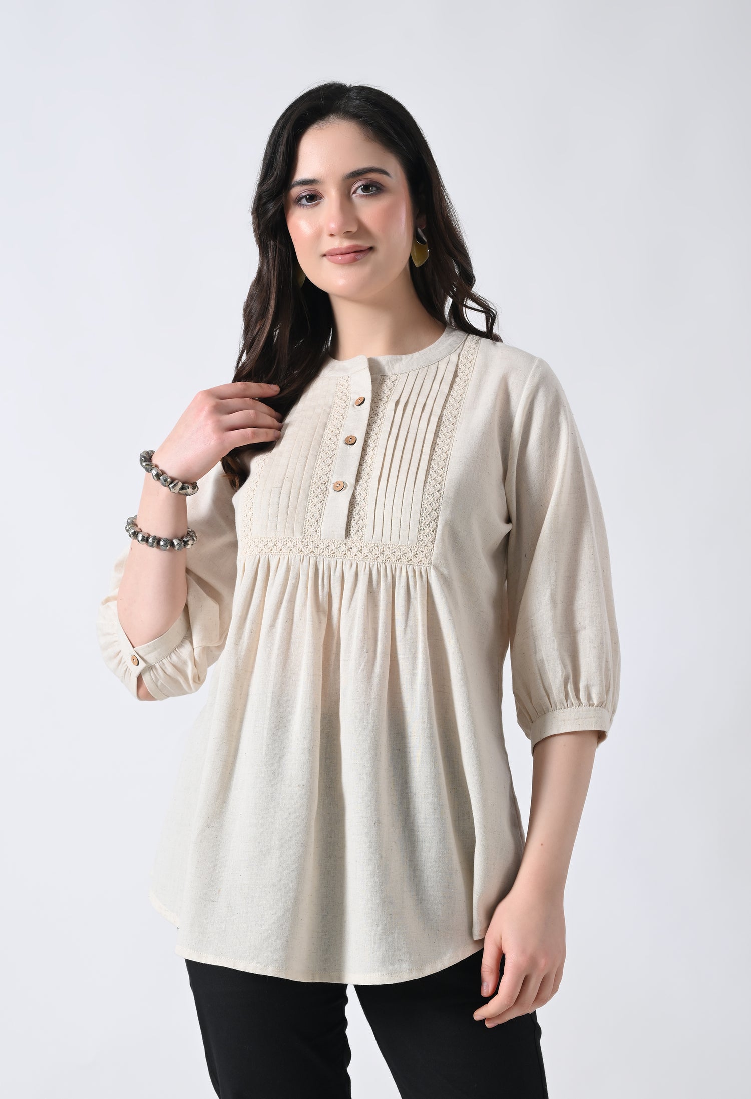 Cream Solid Elbow Sleeve Top for Women