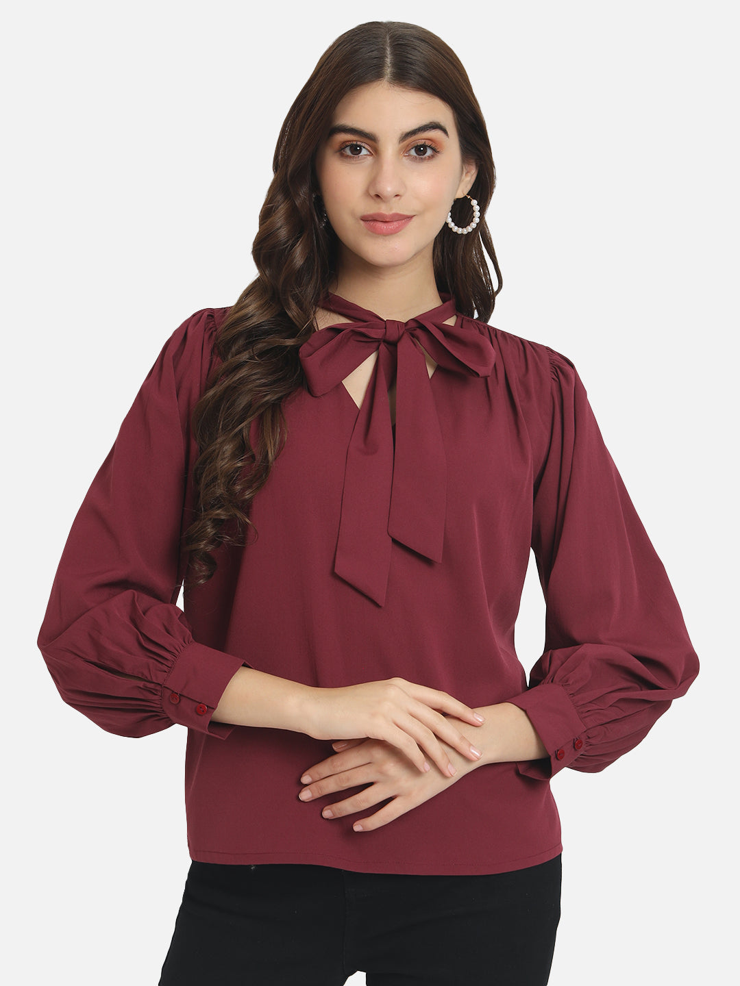 Maroon Solid Tie-Up Neck Top for Women