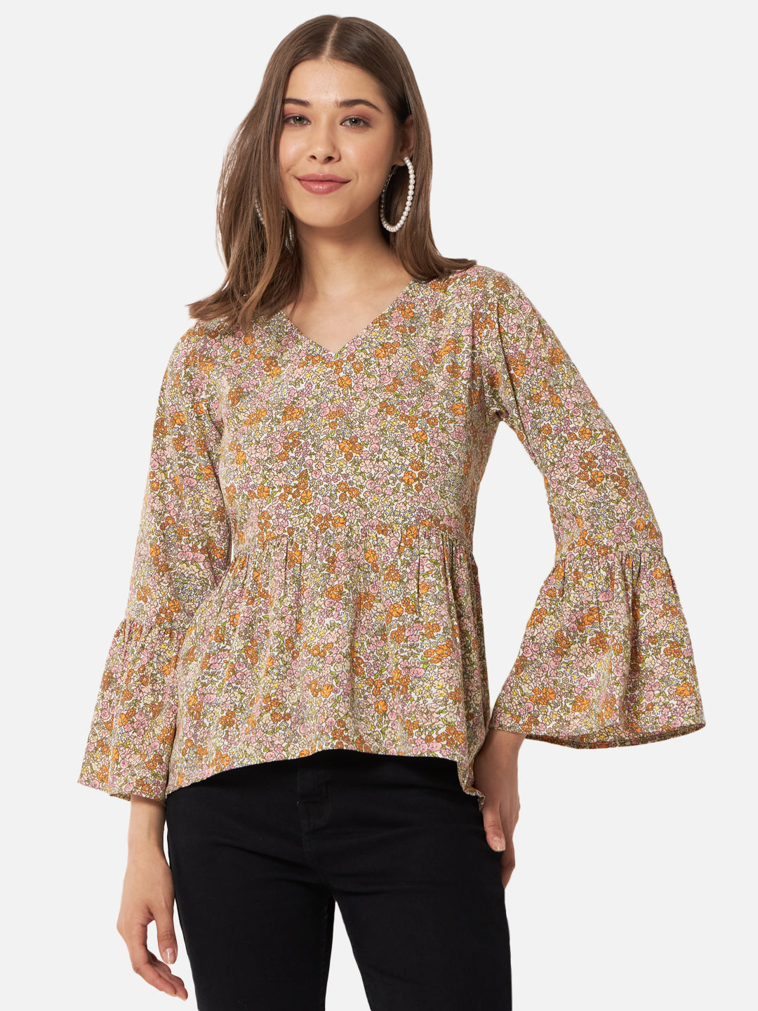 Beige Floral V-Neck Top for Women