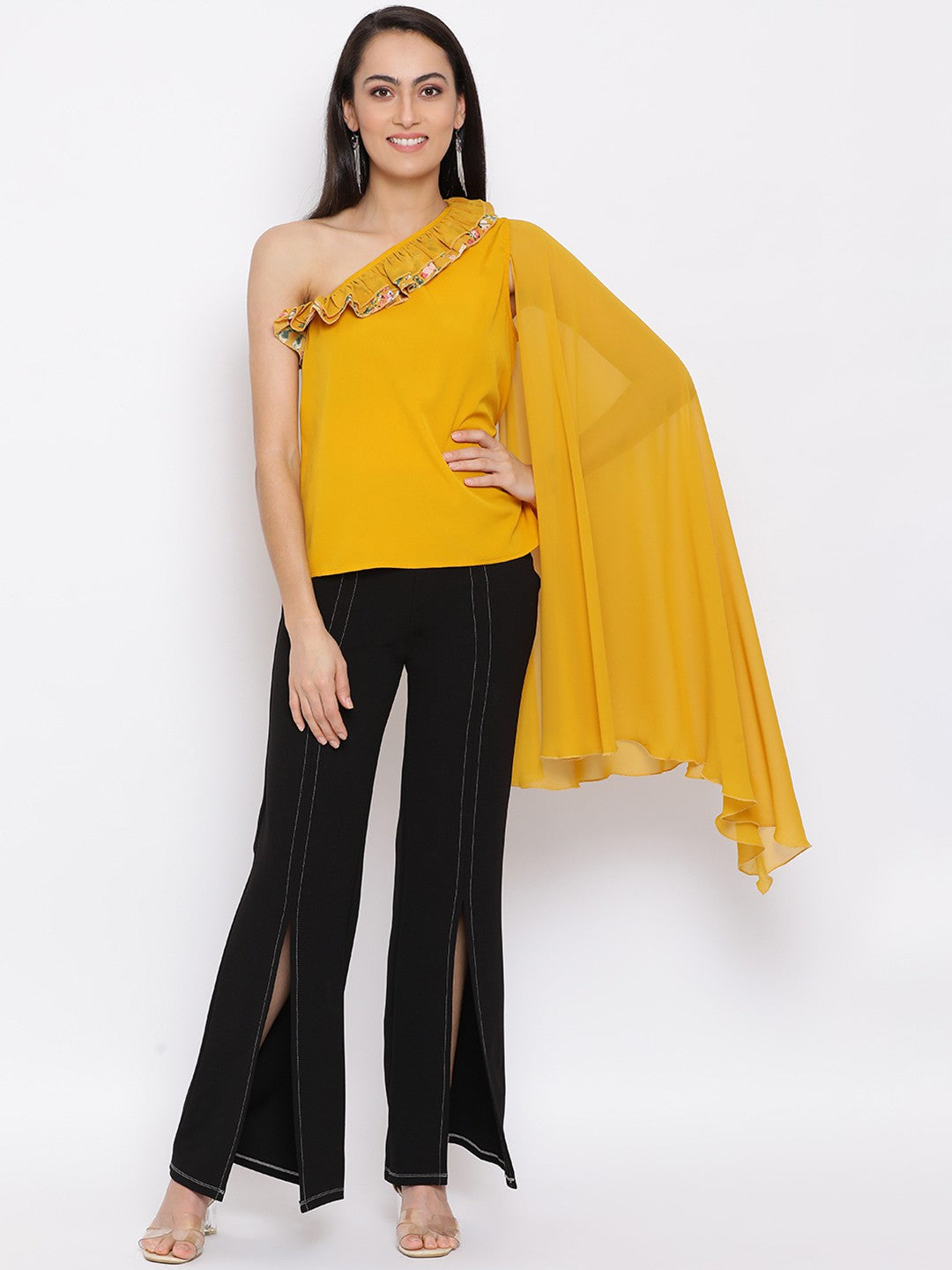 Yellow Solid Net One Shoulder Sleeve Top for Women