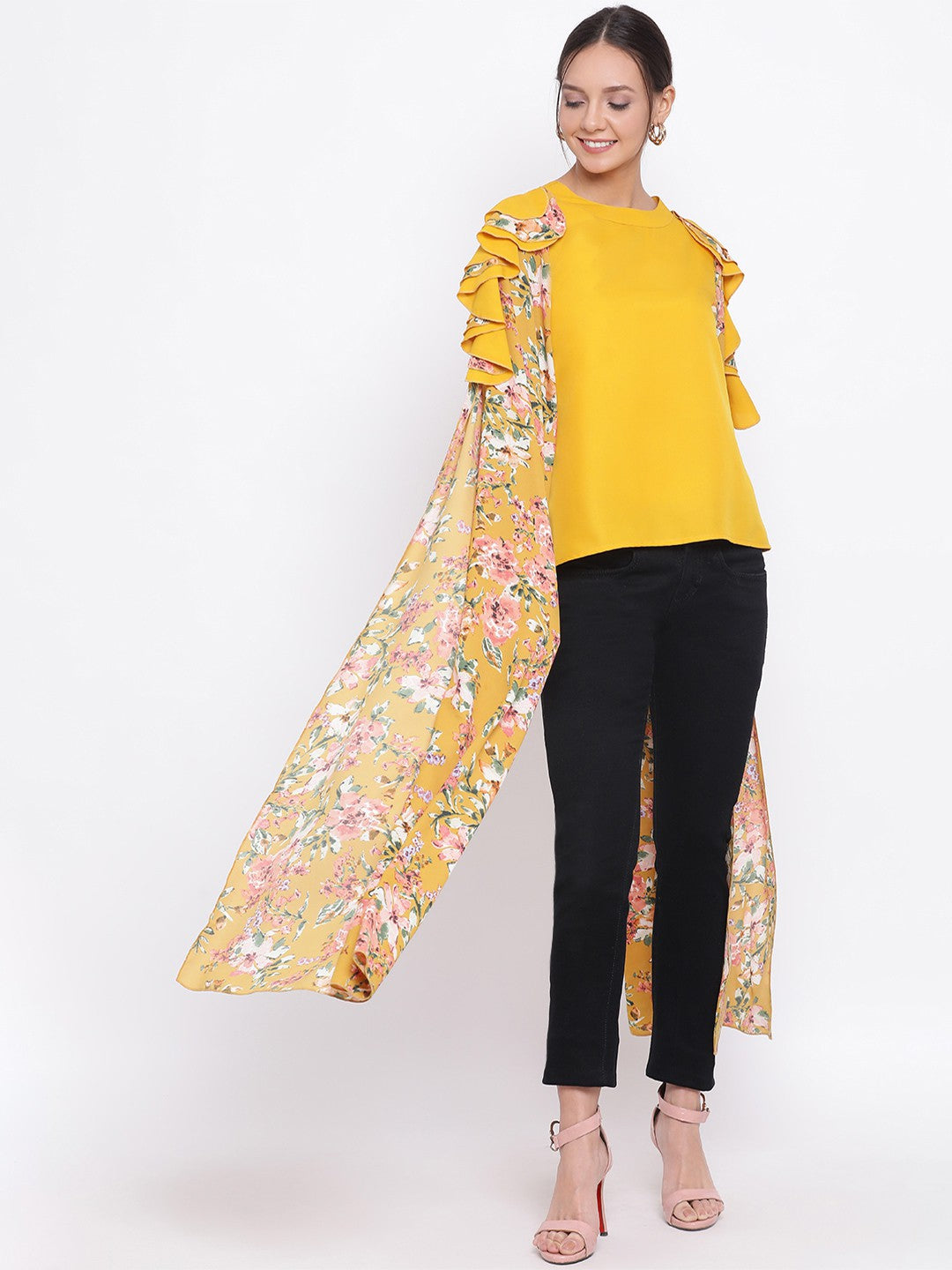 Yellow Long Floral Cut-out Sleeve Top for Women