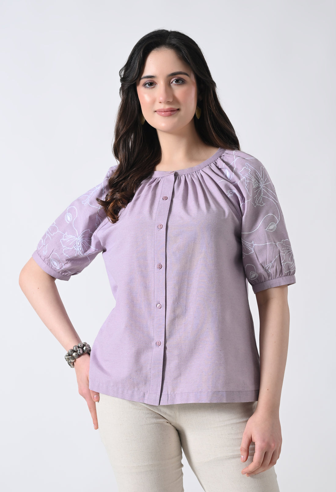 Light Purple Embroidered Half Sleeve Top for Women