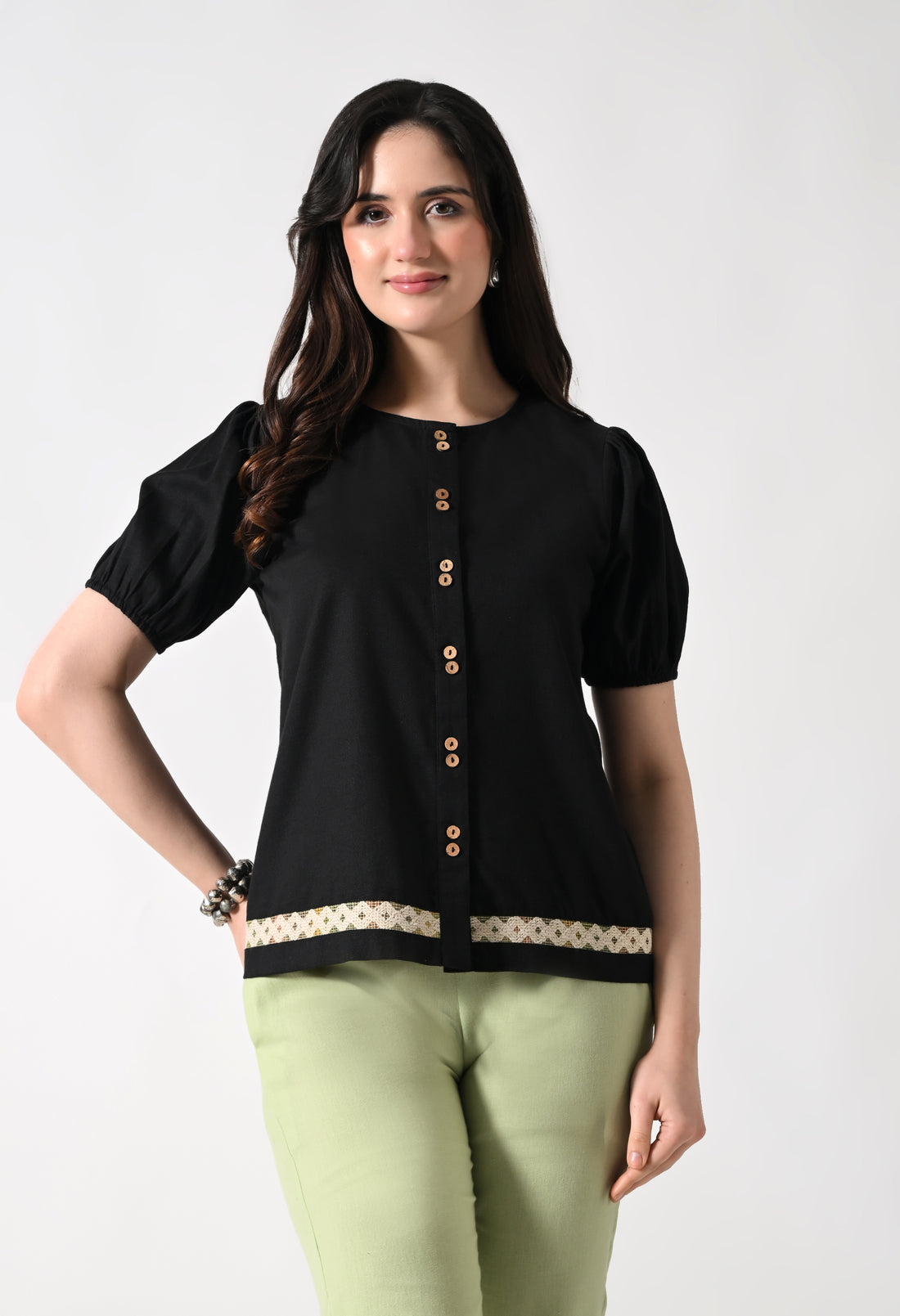 Black Solid Shirt Style Top for Women