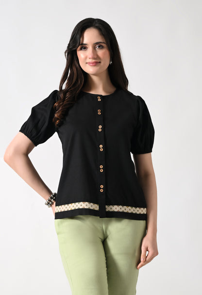 Black Solid Shirt Style Top for Women