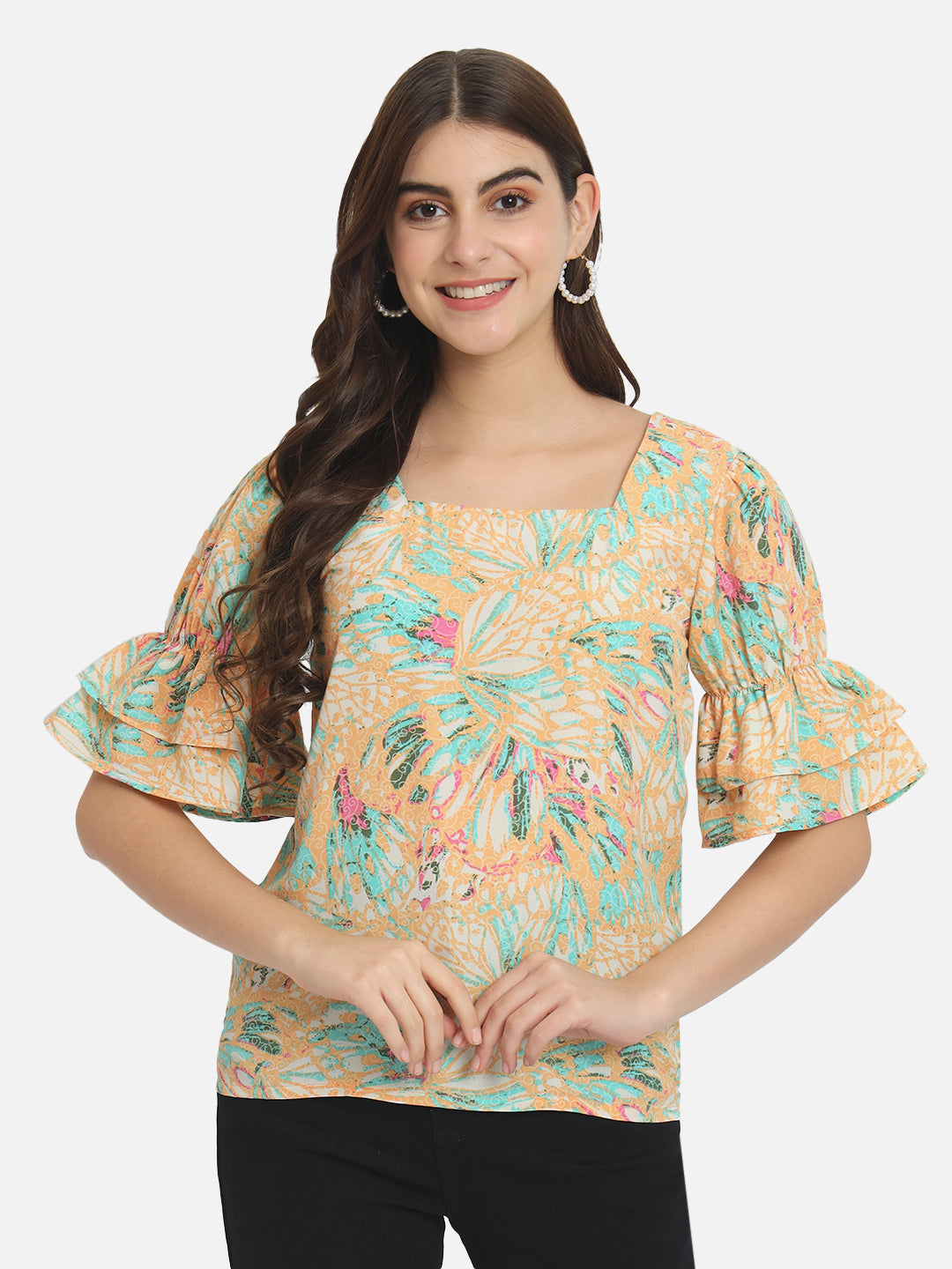 Multicolor Floral Half Bell Sleeve Top for Women