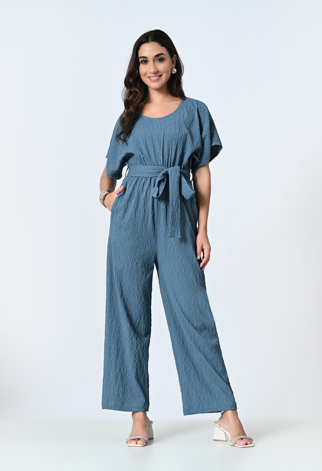 Purple Self Design Half Sleeve Jumpsuit for Women