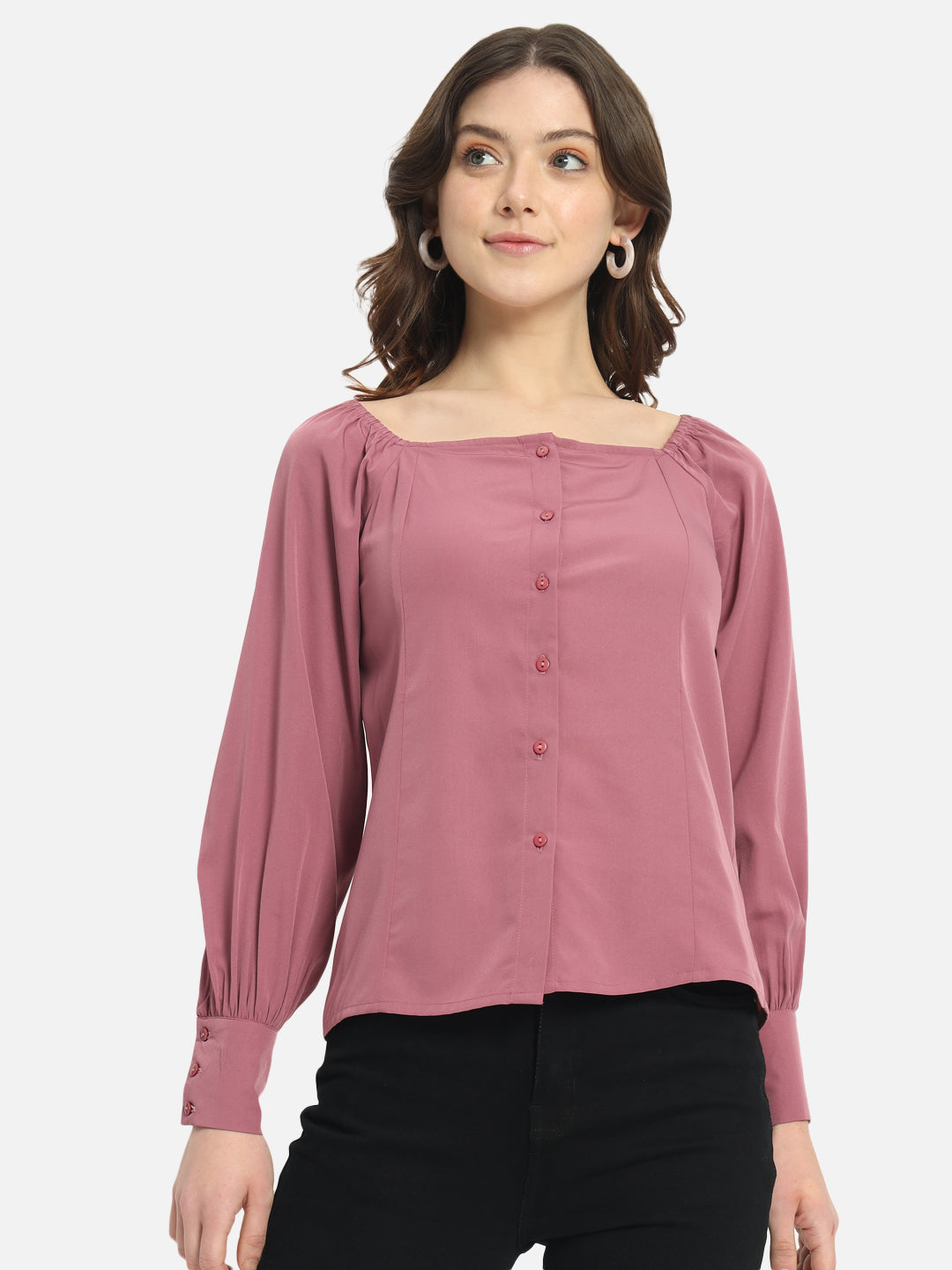 Pink Solid Full Cuff Sleeve Shirt for Women