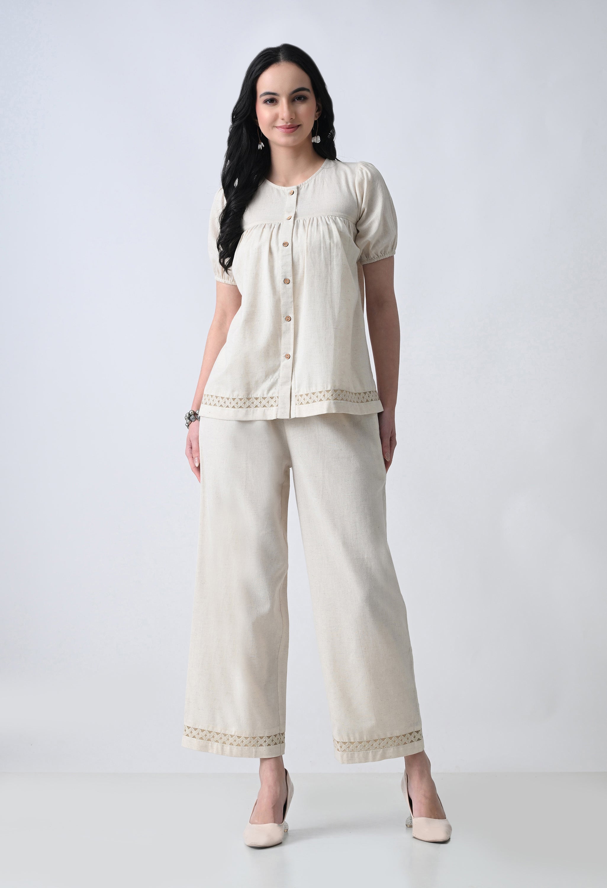 Women’s Cream Half Sleeve Top &amp; Palazzo Co-Ord Set