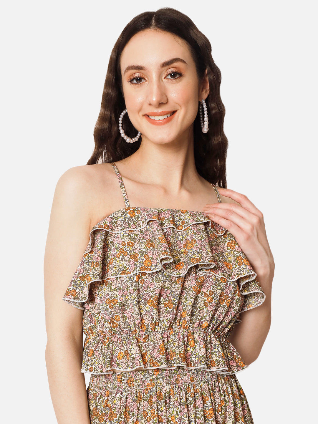 Beige Floral Spaghetti Neck Crop Top for Women