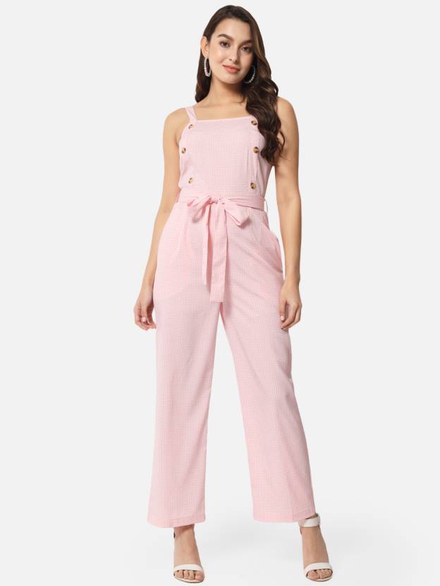 Pink Houndstooth Printed Sleeveless Jumpsuit for Women