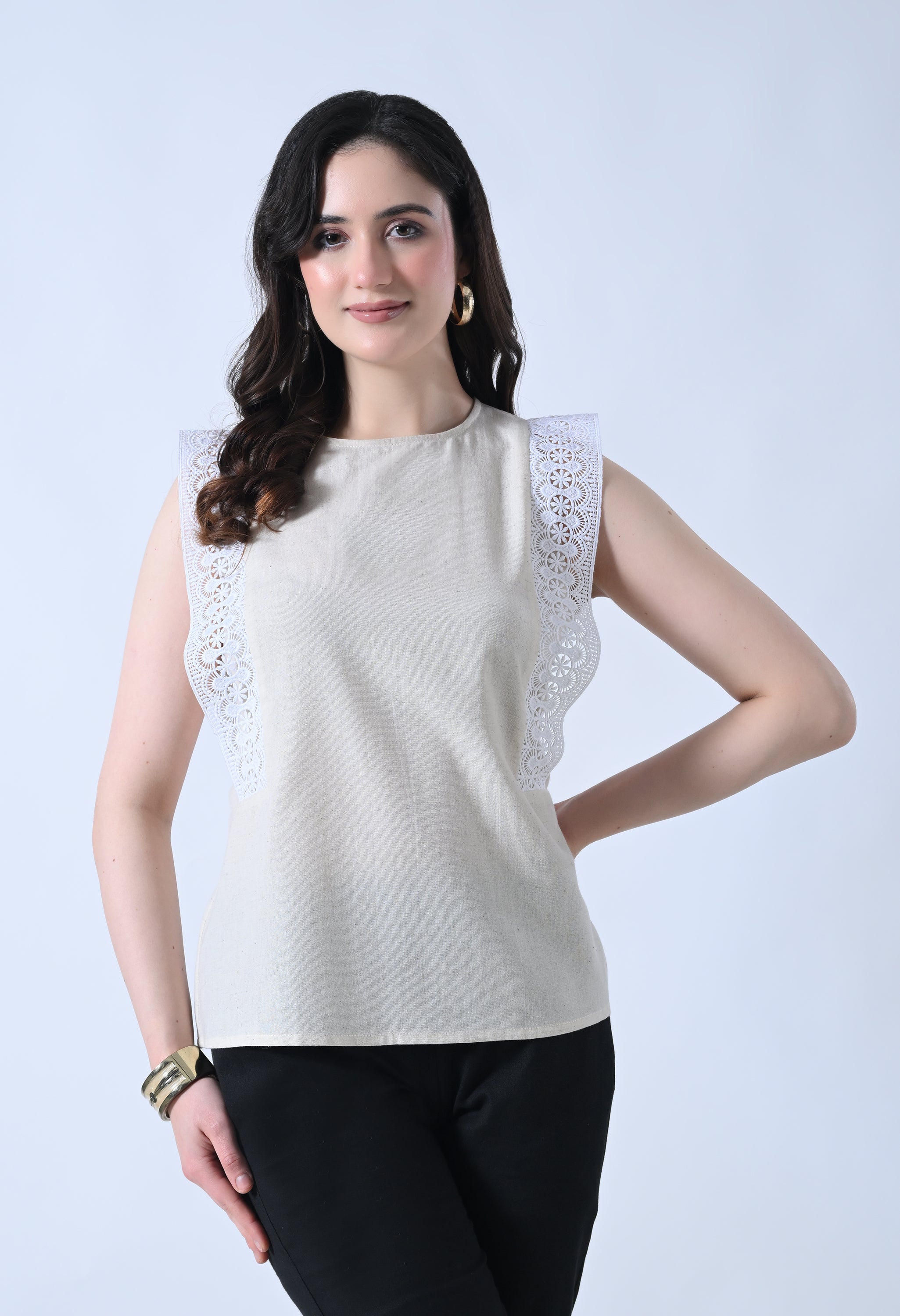 Cream Solid Sleeveless Top for Women
