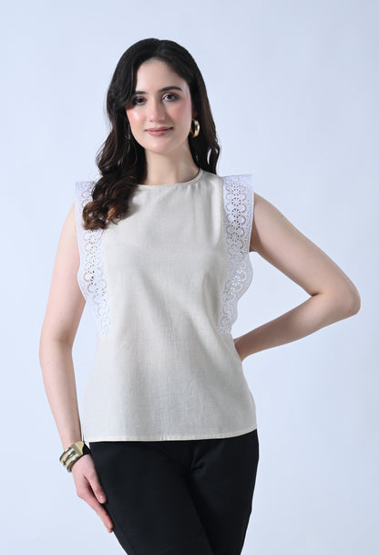 Cream Solid Sleeveless Top for Women