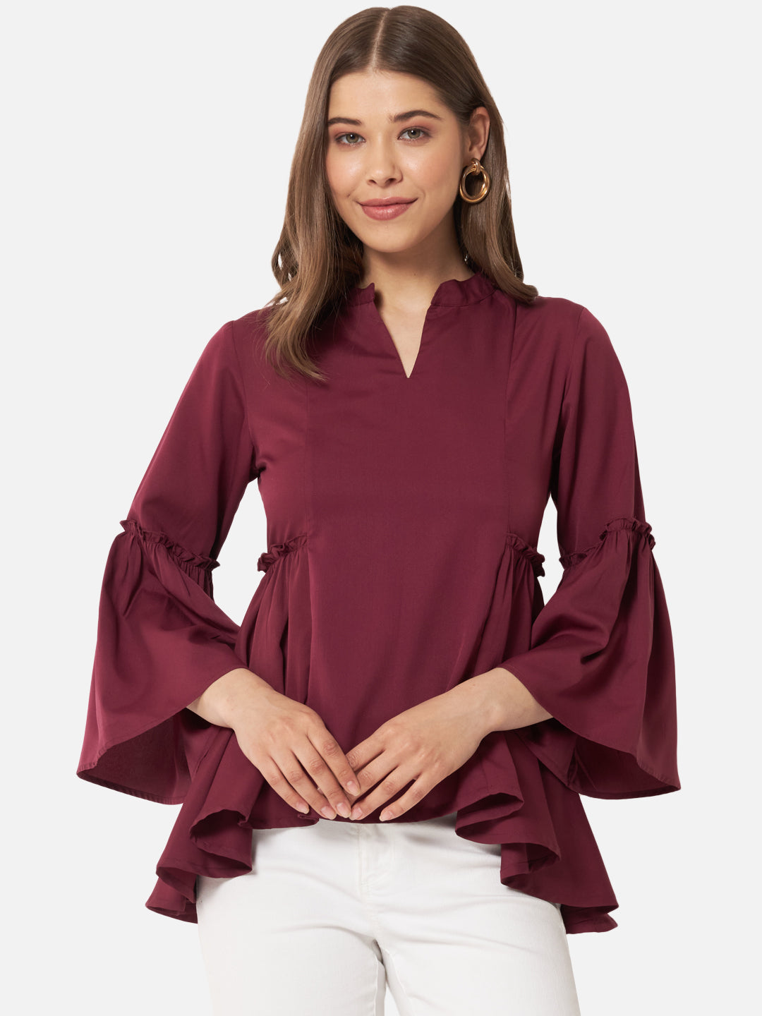 Maroon Solid Bell Sleeve Top for Women