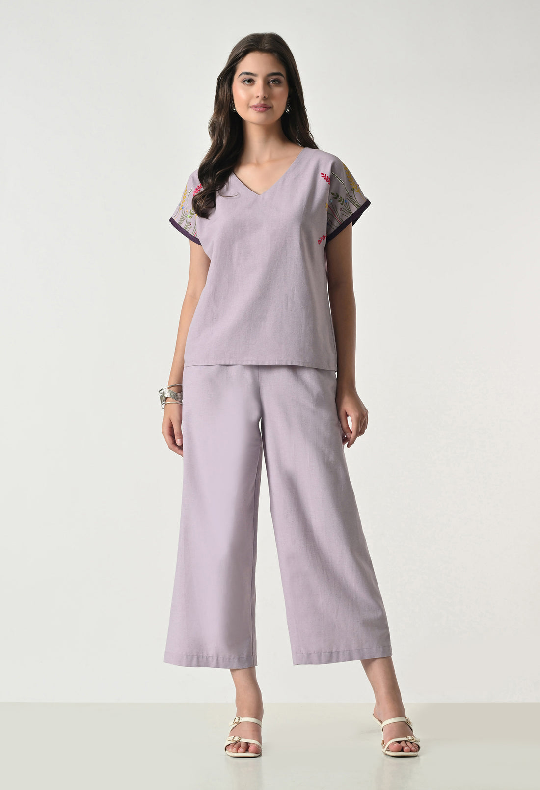 Women’s Purple Floral Embroidery Half Sleeve Top & Palazzo Co-Ord Set