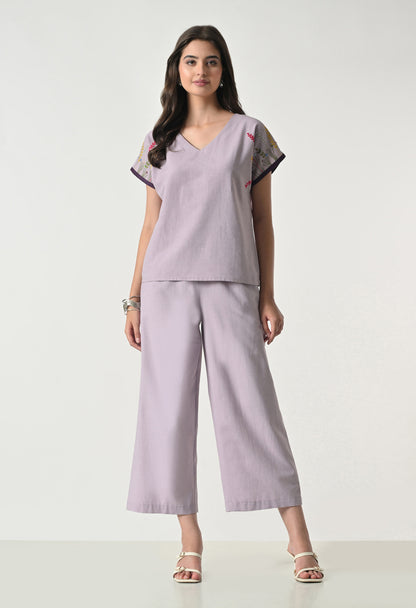 Women’s Purple Floral Embroidery Half Sleeve Top &amp; Palazzo Co-Ord Set