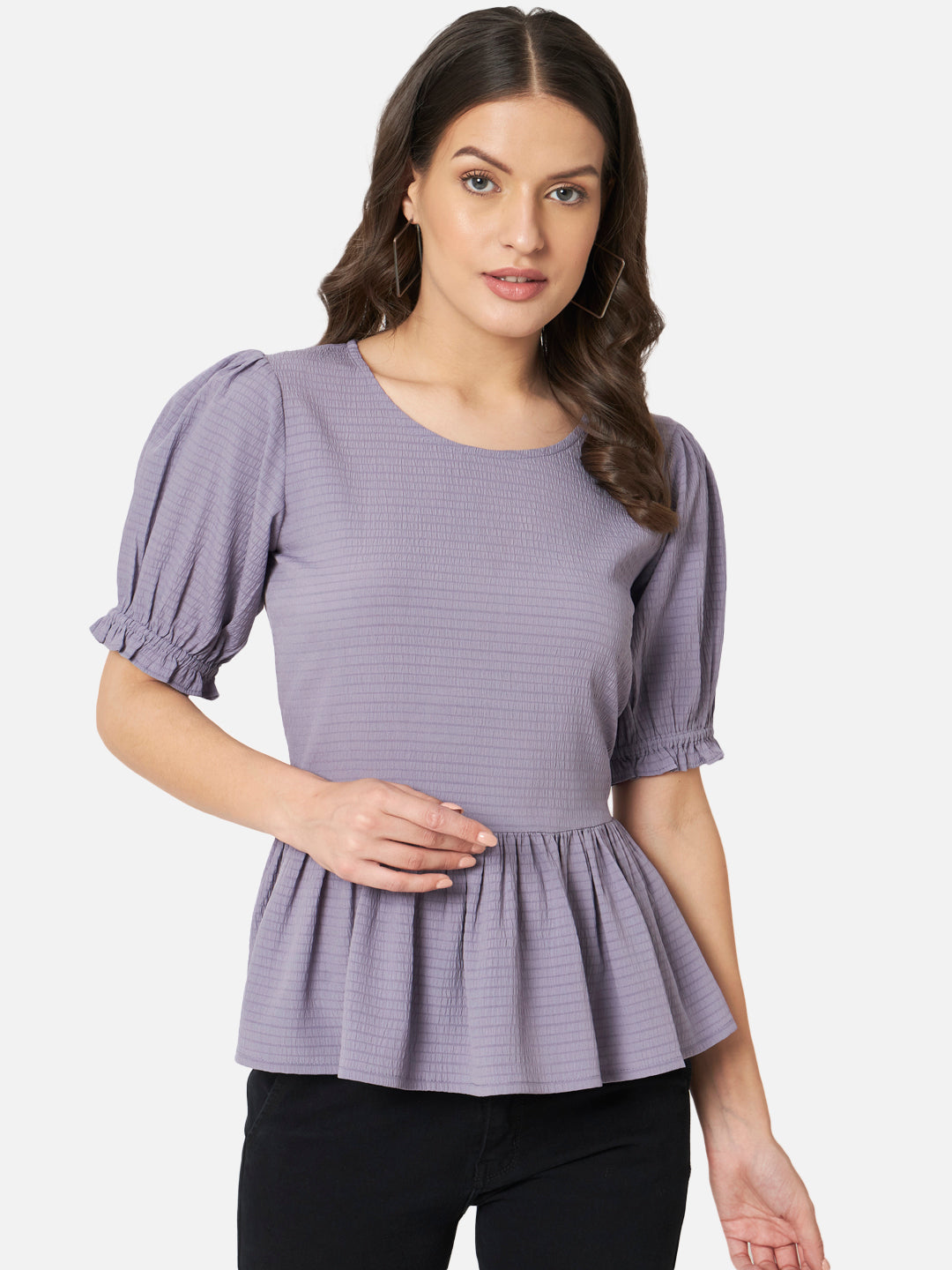 Purple Solid Round Neck Top for Women