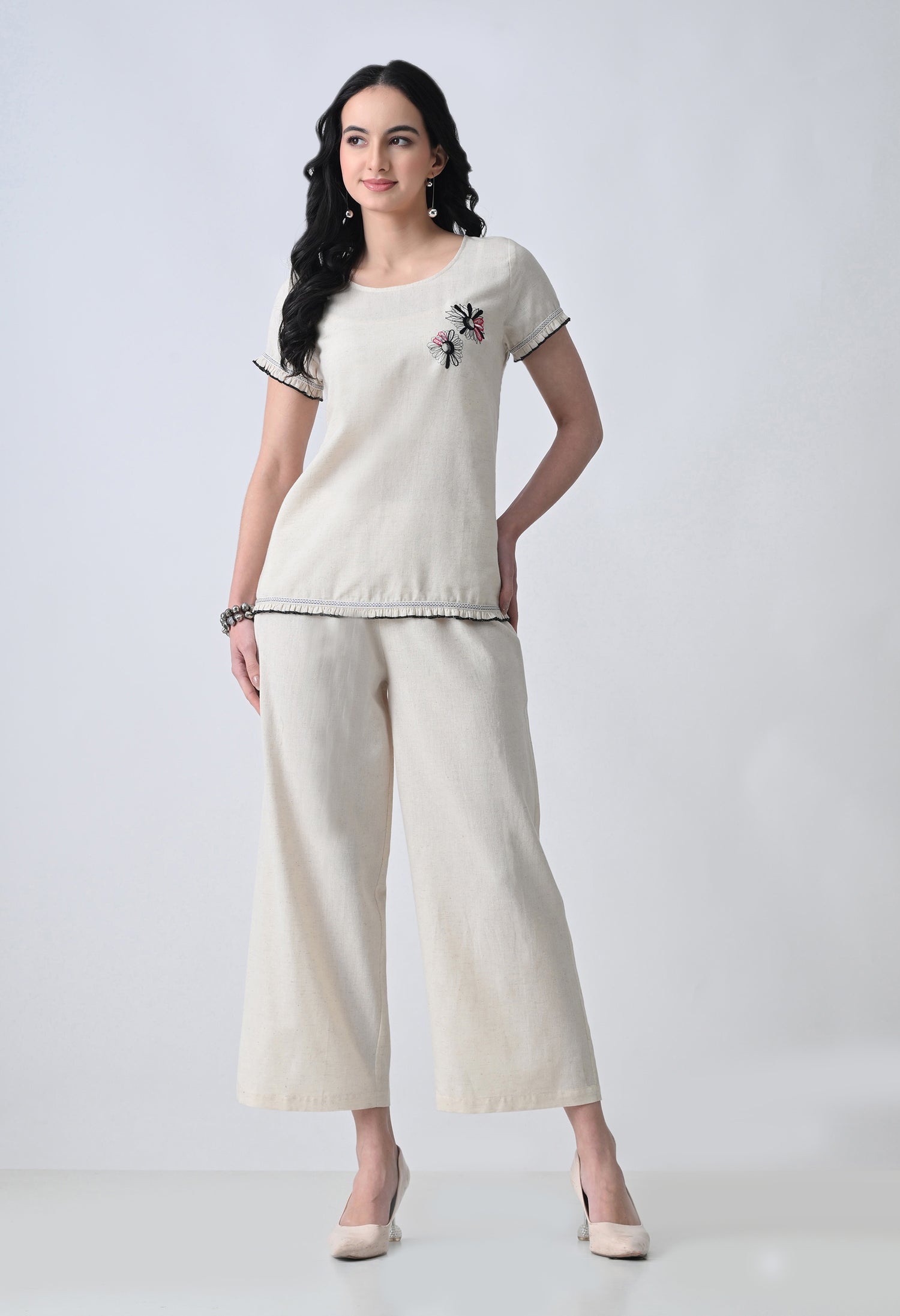 Women’s Cream Floral Embroidery Half Sleeve Top &amp; Palazzo Co-Ord Set