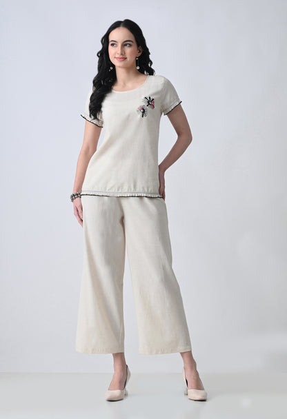 Women’s Cream Floral Embroidery Half Sleeve Top &amp; Palazzo Co-Ord Set