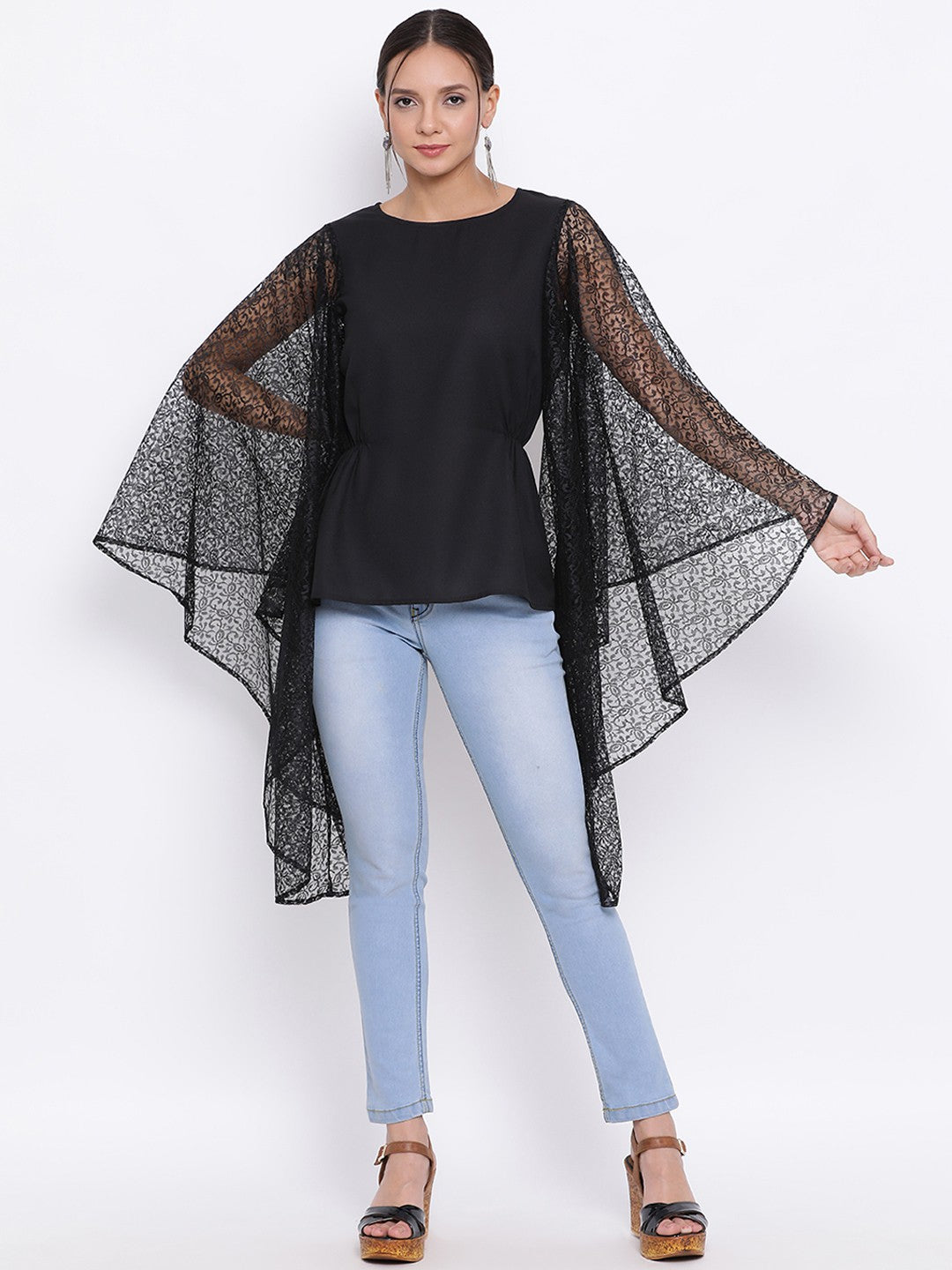 Black Flare Net Sleeve Top for Women
