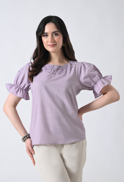 Light Purple Embroidered Half Sleeve Top for Women