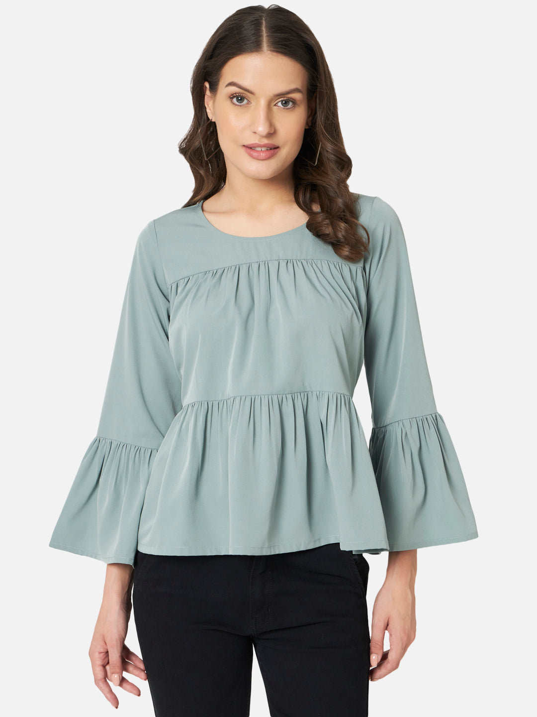 Light Green Solid Round Neck Top for Women