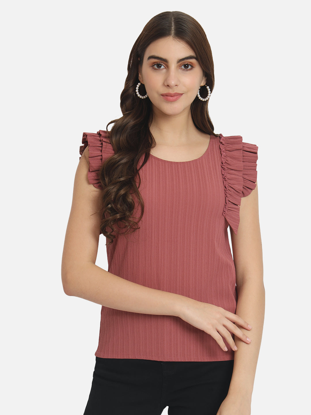 Pink Solid Round Neck Top for Women