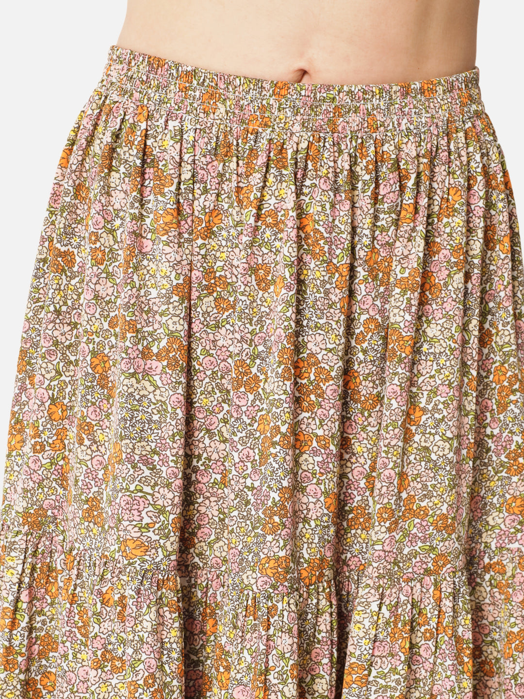 Floral Beige Ankle Length Skirt for Women