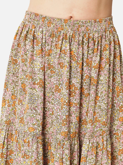 Floral Beige Ankle Length Skirt for Women