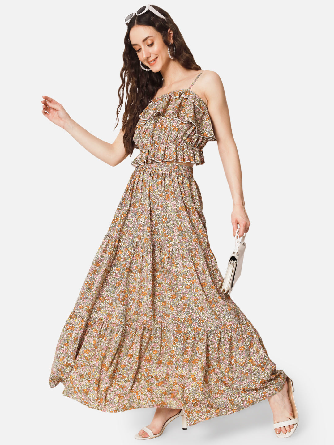 Floral Beige Ankle Length Skirt for Women