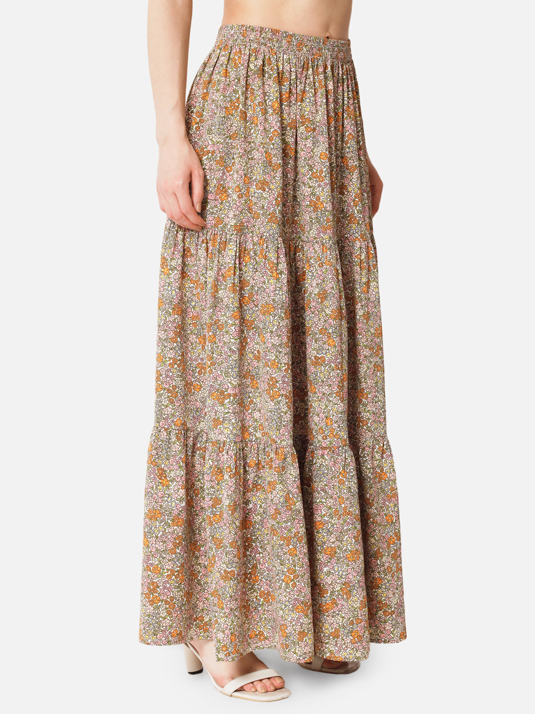 Floral Beige Ankle Length Skirt for Women