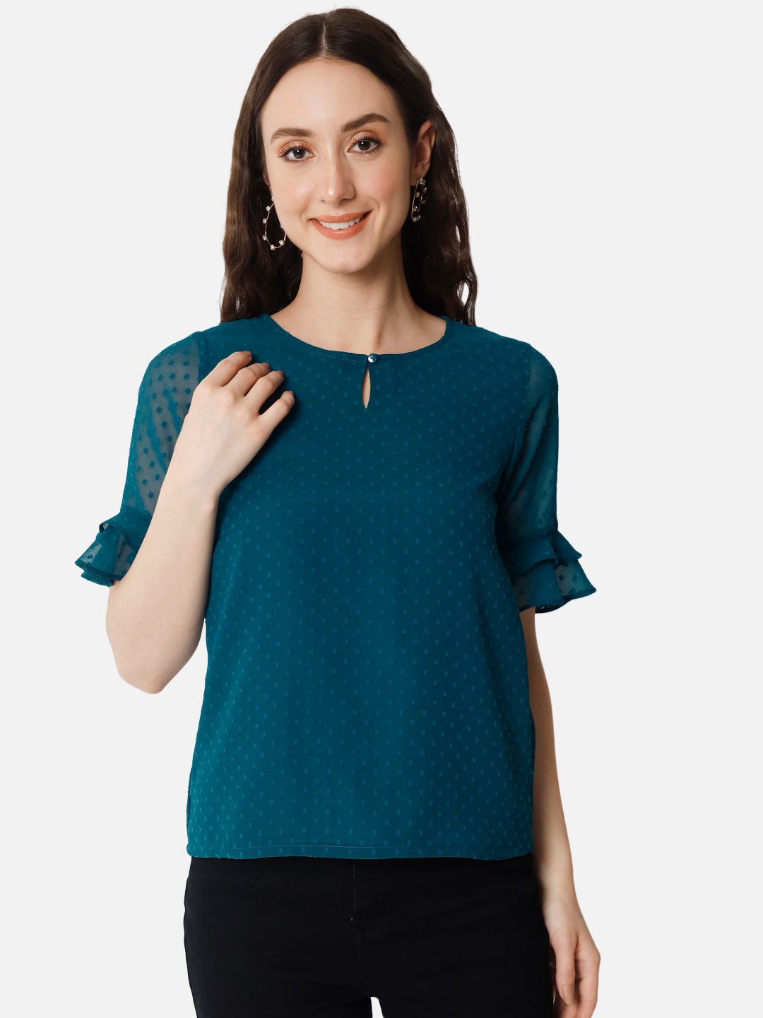 Teal Blue Swiss Dot Keyhole Neck Top for Women