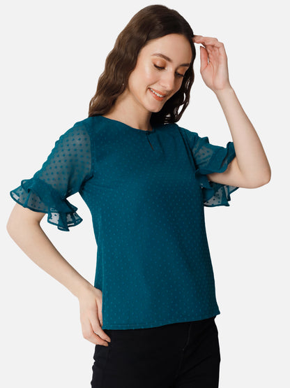 Teal Blue Swiss Dot Keyhole Neck Top for Women