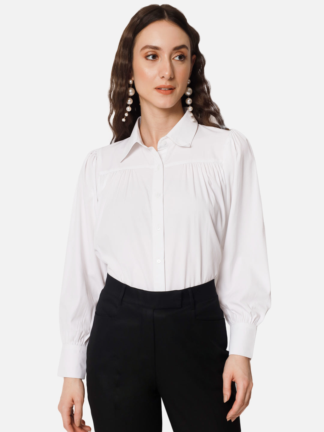 Solid White Full Cuff Sleeve Shirt for Women