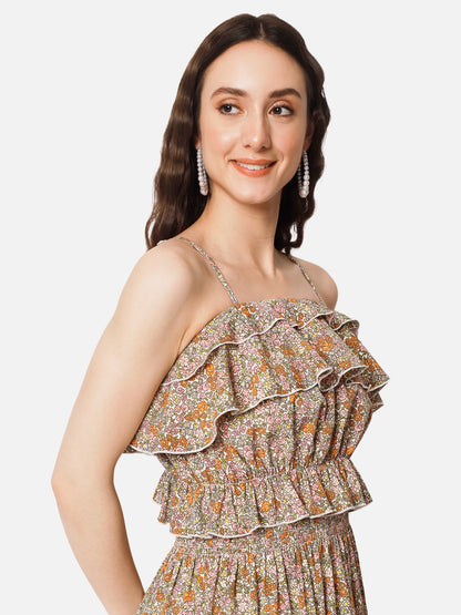Beige Floral Spaghetti Neck Crop Top for Women