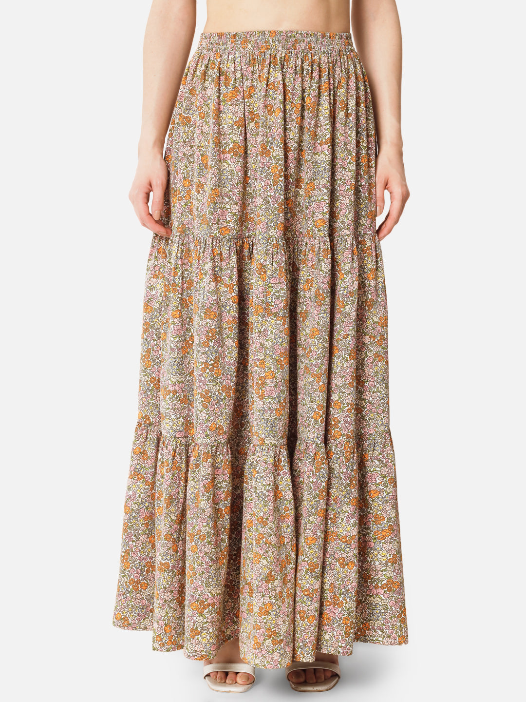 Floral Beige Ankle Length Skirt for Women