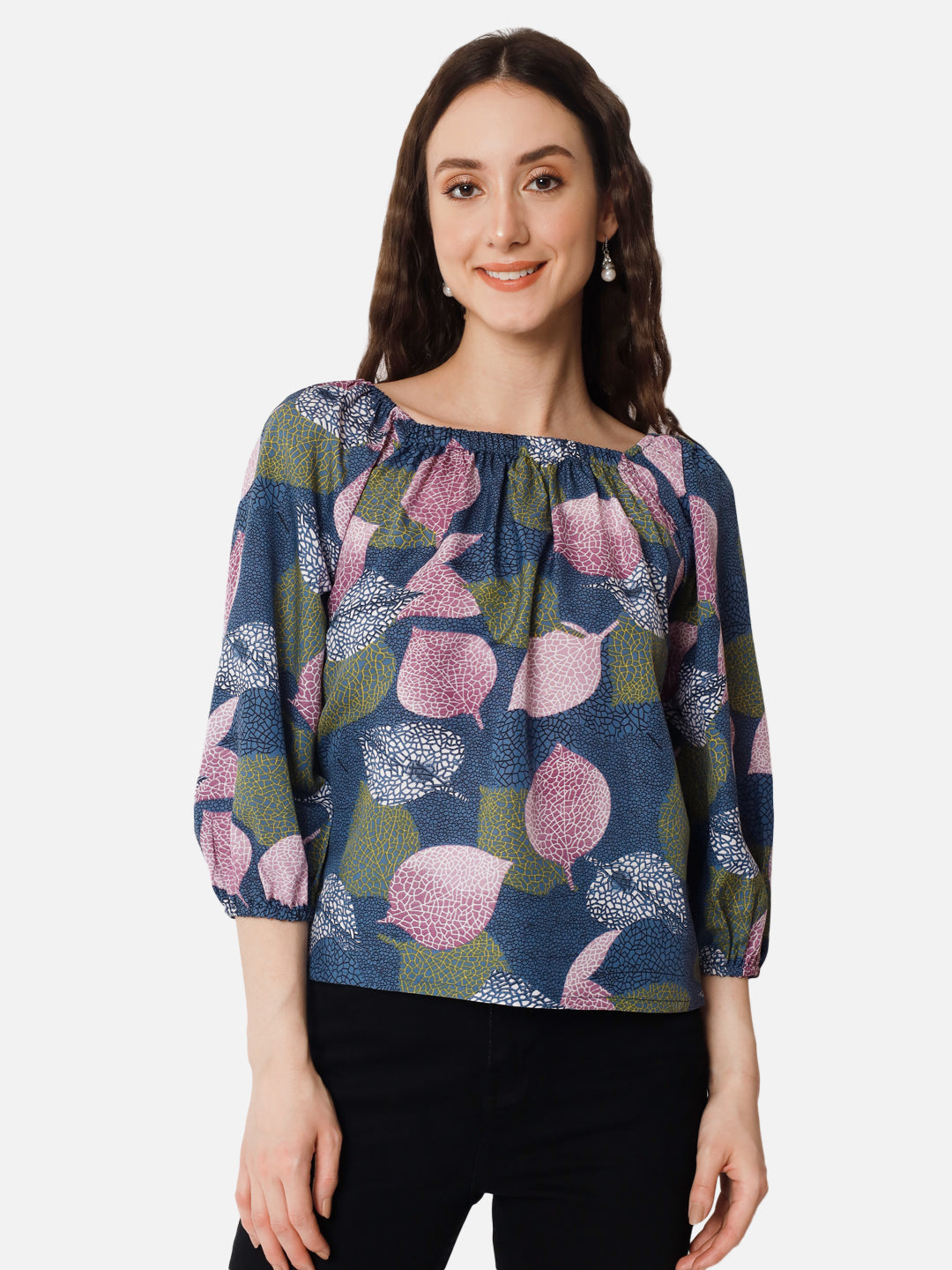 Multicolor Leaf Printed Square Neck Top for Women