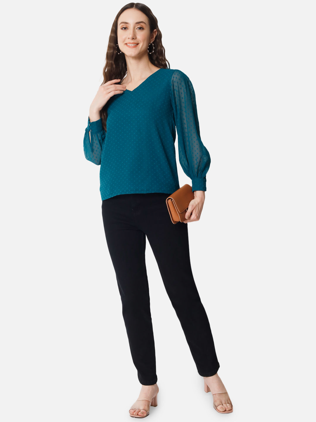 Teal Blue Swiss Dot V-Neck Top for Women