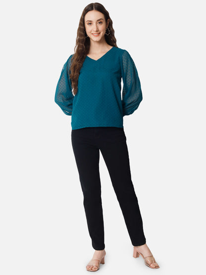 Teal Blue Swiss Dot V-Neck Top for Women