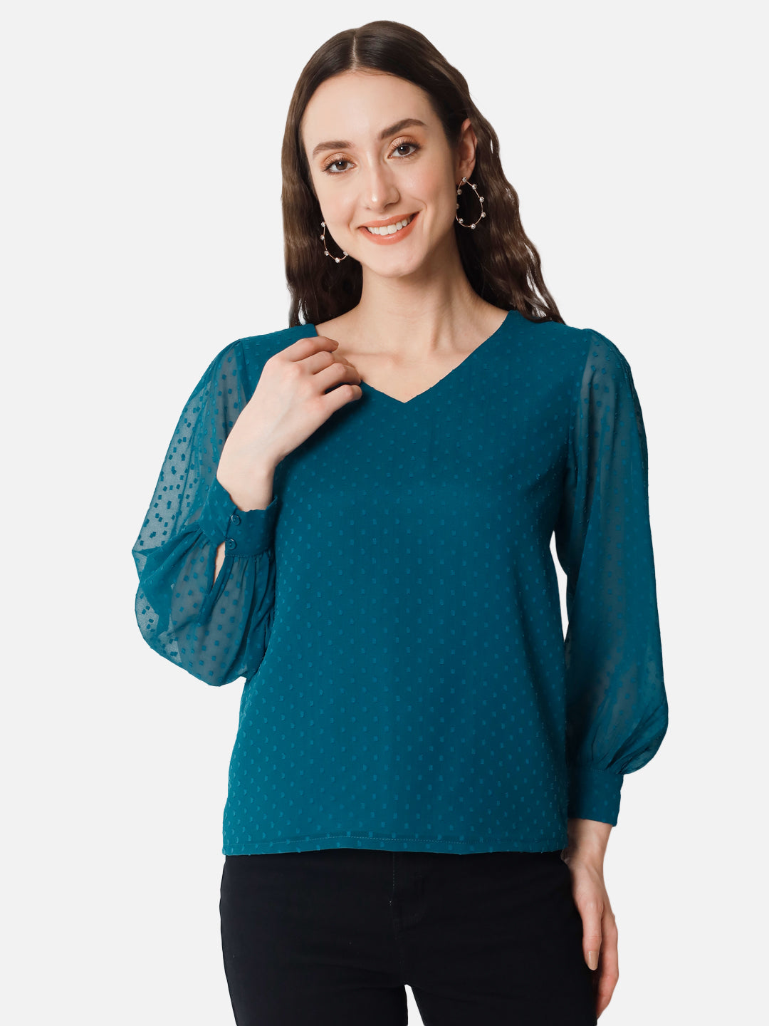 Teal Blue Swiss Dot V-Neck Top for Women